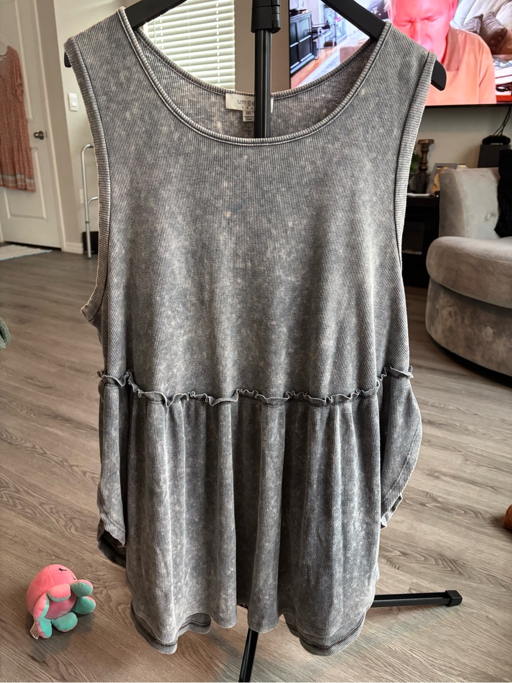 Umgee Washed Gray Sleeveless Ruffle Peplum Tank